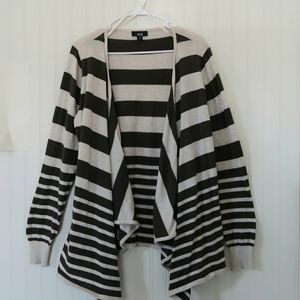 AGB Macys XL Cardigan Long Line Green And Beige Stripe Women's Comfy Casual